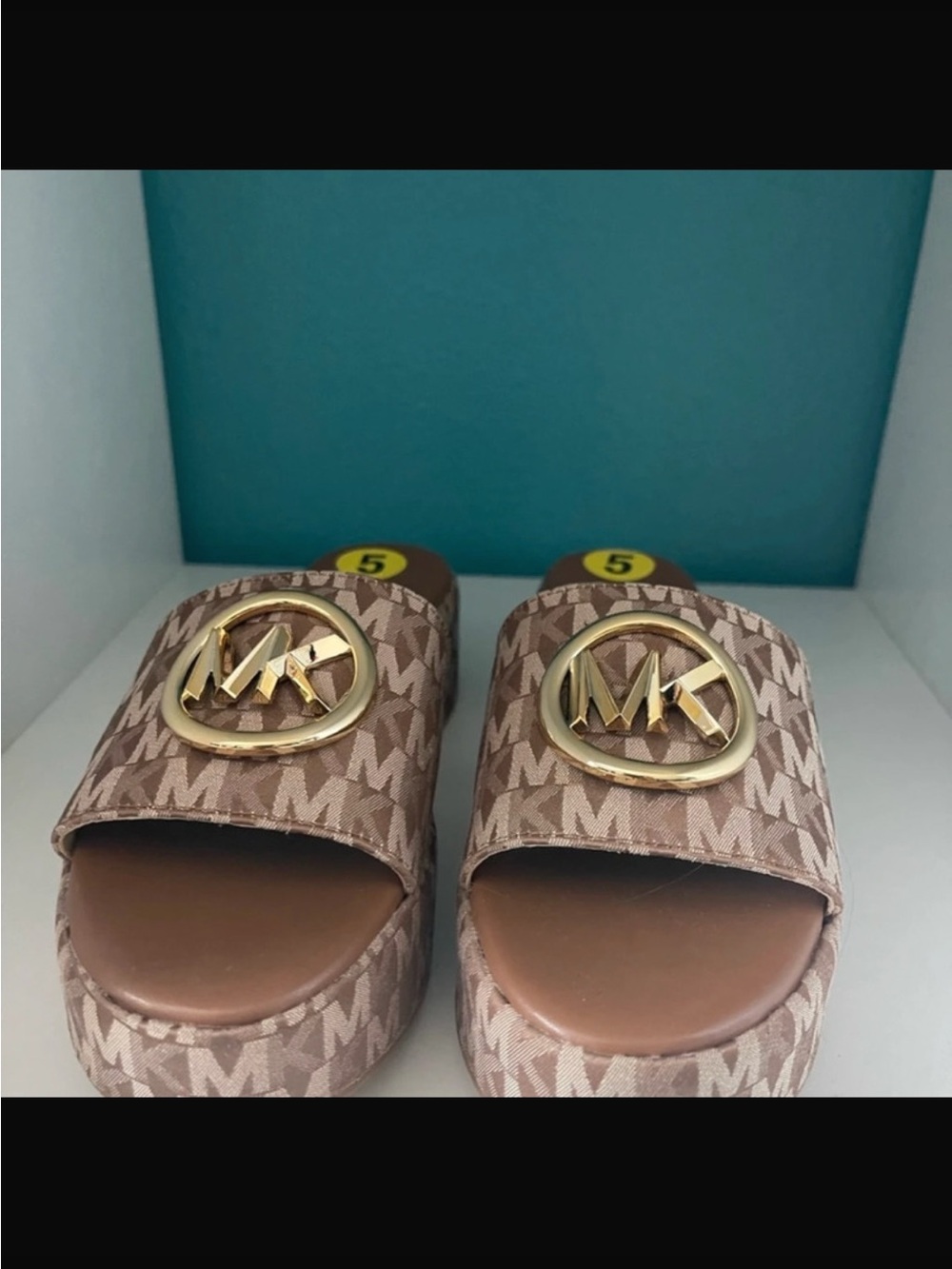 New Michael Kors Tan Logo Platform Slide Sandal